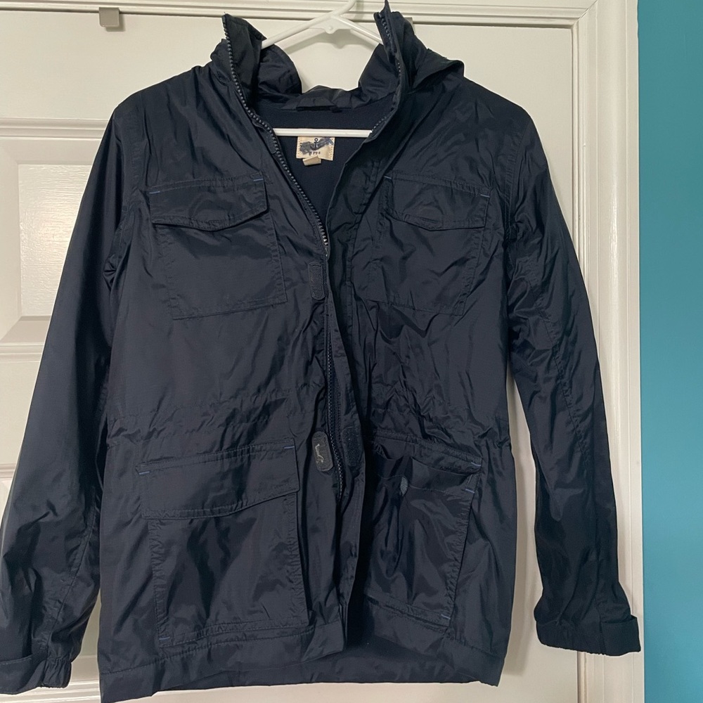 Lands’ End kids navy blue fleece lined raincoat unisex medium 10-12 with hood